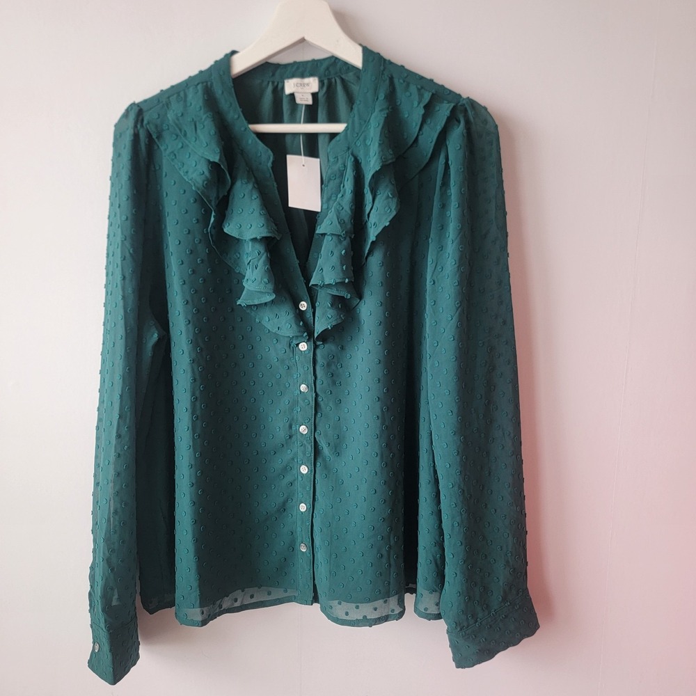 J.crew women's Swiss Clip-dot ruffle button-up shirt size L reffed v-neck